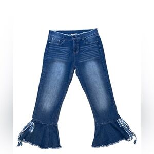 For the Republic Women’s Size 10 Flare Jeans with Raw Hem & Fringe Tie Detail